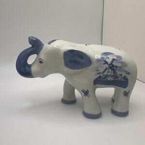 Delft Blauw Blue Elephant Figurine Trunk Up Windmill Floral Holland Hand Painted
